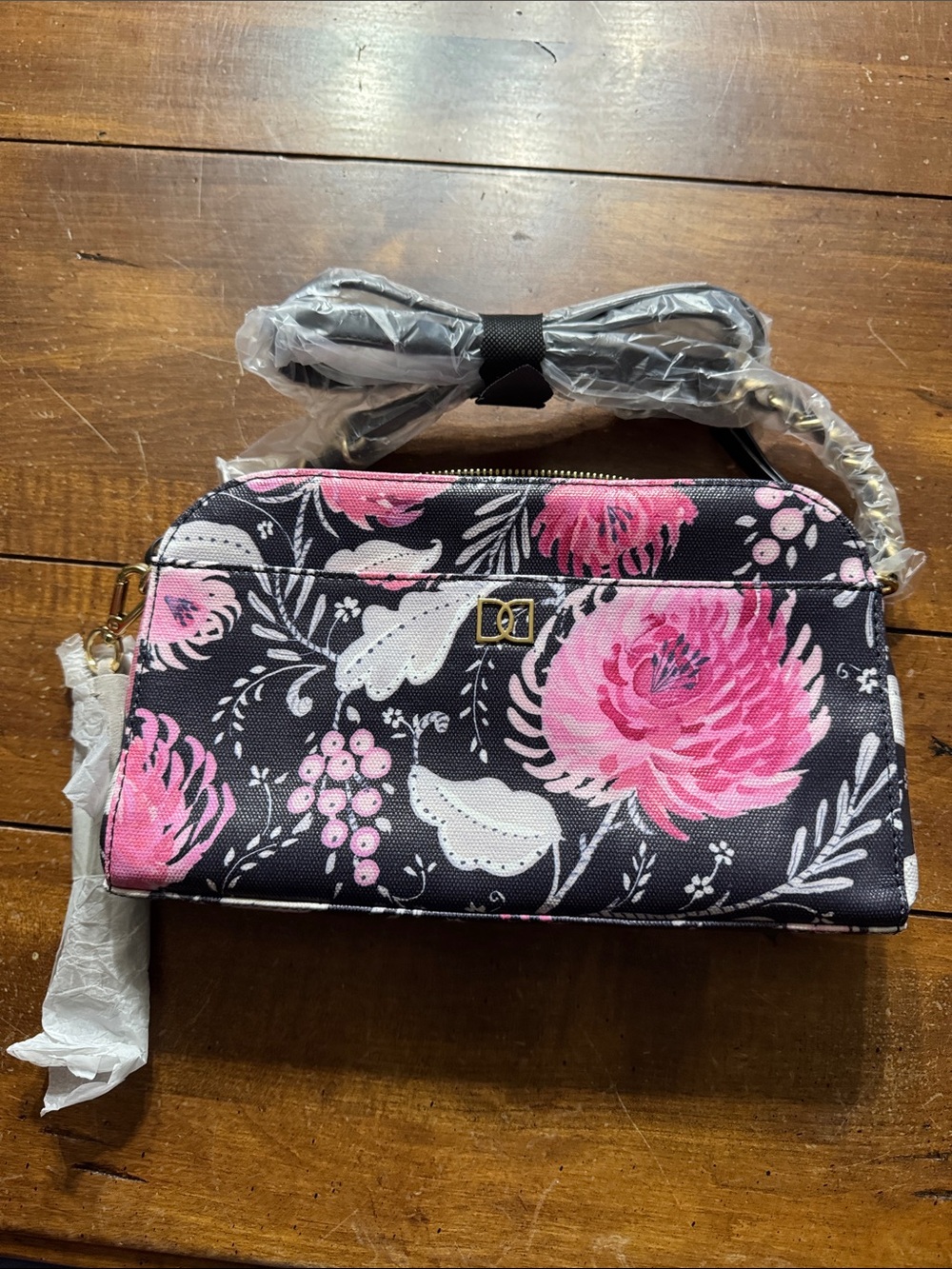 New Floral Crossbody Purse - Black with Pink Bloom